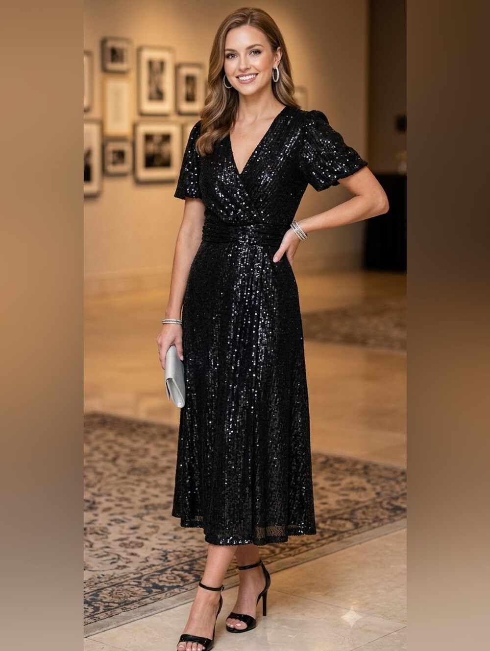 Whistles Black Sequin Wrap Midi Dress Whistles  Size 12